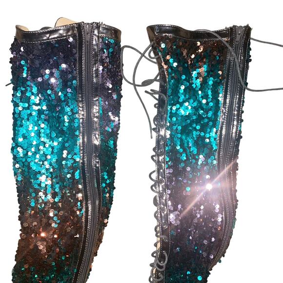 Chase + Chloe purple teal bronze Sequin Thigh High Lace Up Boots 9 Back Zip rave - Picture 10 of 14